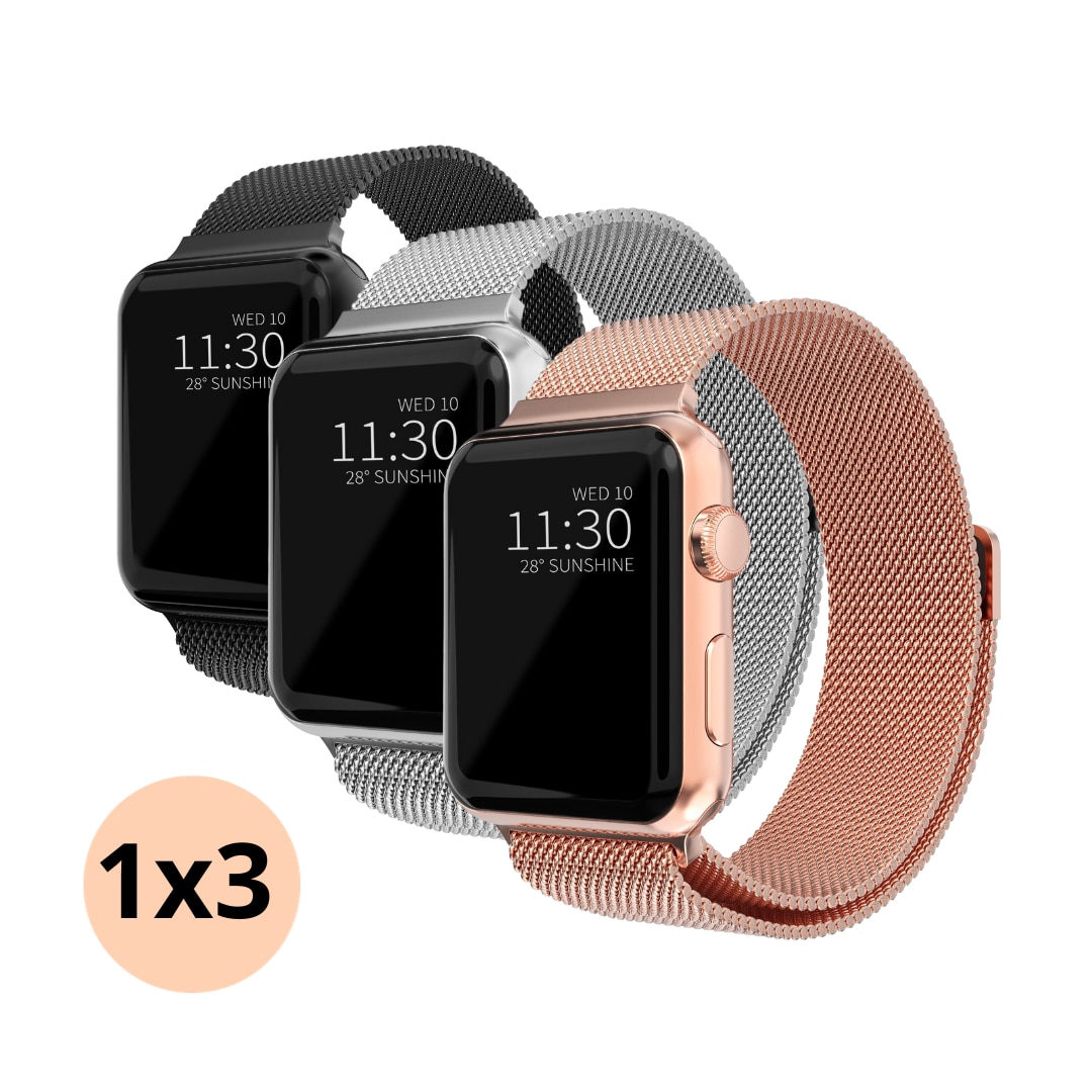 Apple Watch Series 10 42mm Sæt Armbånd Milanese Loop sort, sølv, rose guld